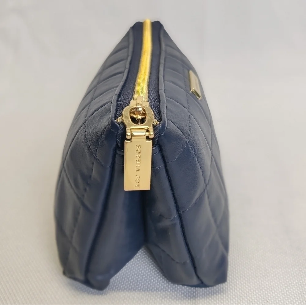 Two New Sophia Joy Makeup Bags Soft Quilted Navy Blue Faux Leather Zippers 4x7